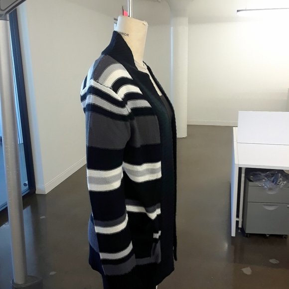New Ladies Open front Stripes Sweater Cardigan With Pocket - Picture 2 of 9